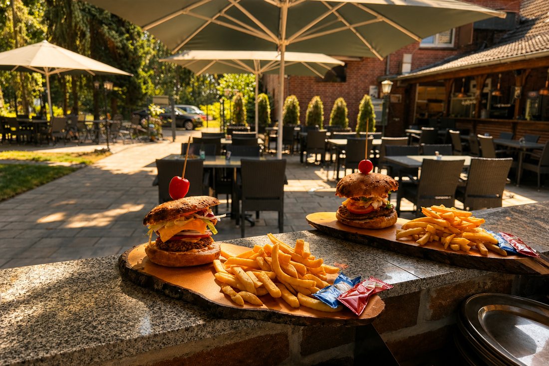Burger mit Pommes auf der Terrasse des Heidehof